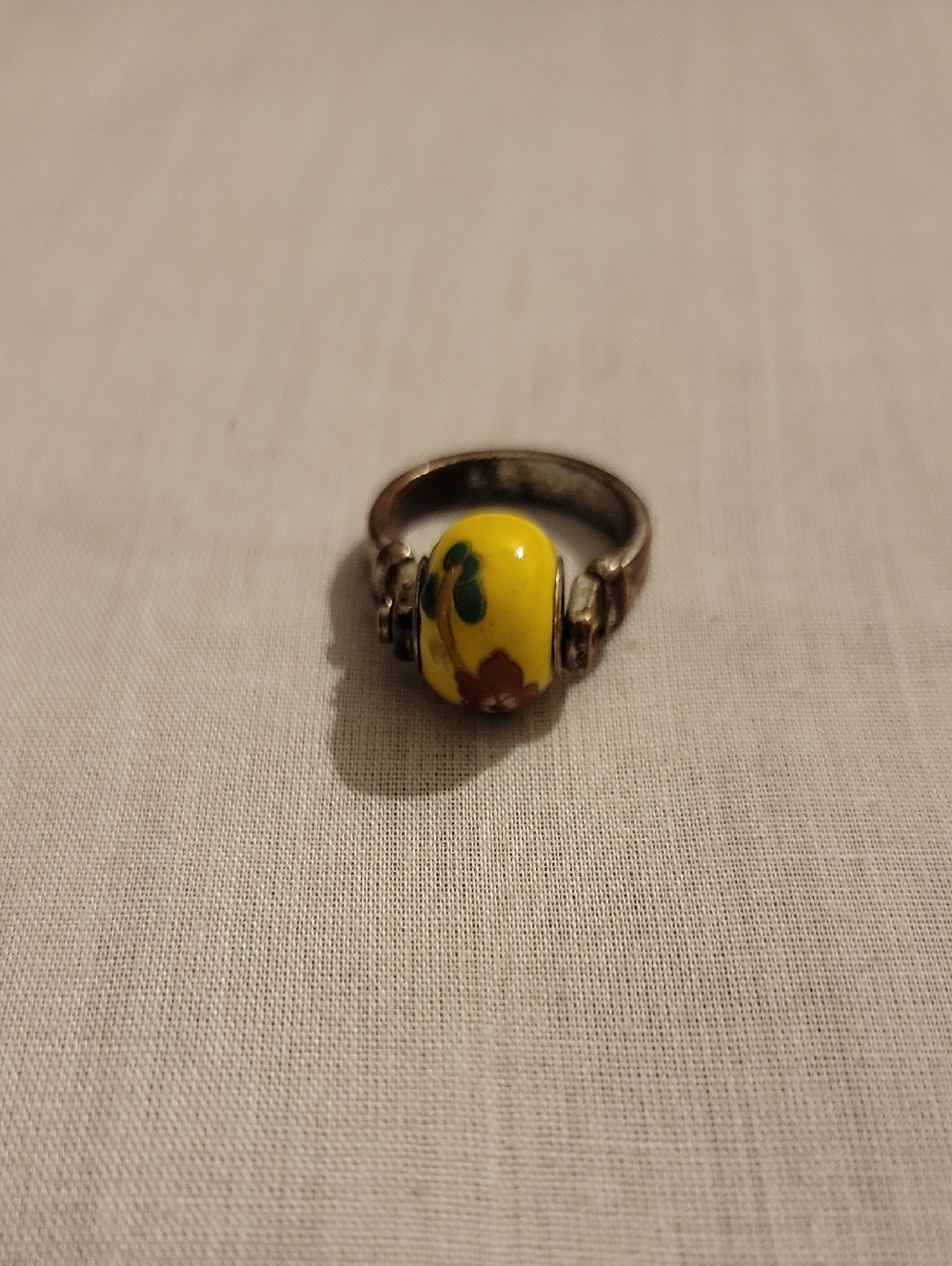 Vintage Mursano Yellow Floral Glass Bead Silver Ring - Women's Jewelry